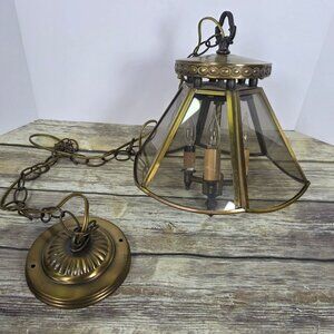 Vintage Brass & Glass Pendant Light Fixture With Chain & Ceiling Plate E-49335 U